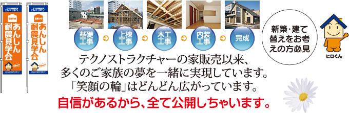 基礎工事→上棟工事→木工工事→内装工事→完成