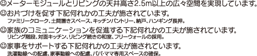 メーターモジュールとリビングの天井高さ2.5m以上の広々空間を実現しています。お片づけを促す下記何れかの工夫が施されています。ファミリークローク、土間置きスペース、キッチパントリー、納戸、ハンギング長押。家族のコミュニケーション促進する下記何れかの工夫が施されています。リビング階段、対面キッチン、リビング続きの和室、フリーフォールの採用。家事をサポートする工夫下記何れかの工夫が施されています。洗濯動線への配慮、家事動線への配慮、パパ・ママ専用スペースの確保。